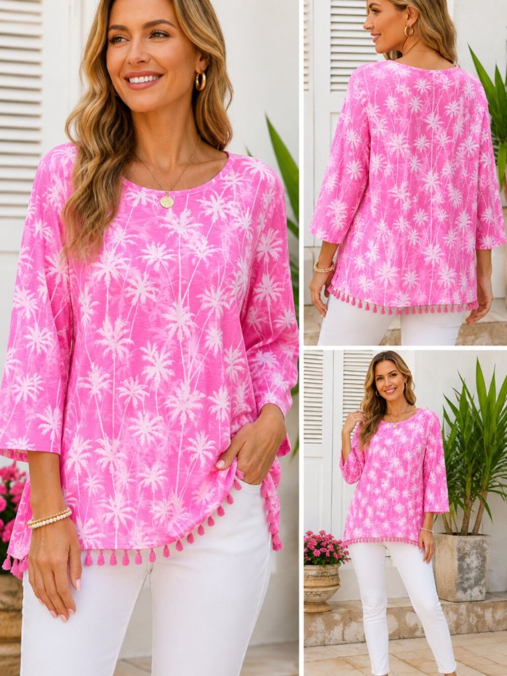 Stella Parker NWT Large Pink White Palm Tree Print Tunic Top Tassel Hem